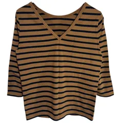 C392 LEMINOR ルミノア 長袖 カットソー ボーダー Ｖネック オーバー キャメル ブラック フランス製 レディース