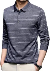 RICOLUS ポロシャツ ボーダー 長袖 ゴルフ ビジネス ルームウェア カットソー 大人 トップス ロンt メンズ( グレー,  M)