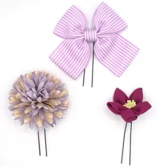 髪飾り リボン ３点セット 紫 成人式 花 振袖 つまみ細工 前撮り 袴 ちりめん 縞 ストライプ ボーダー 造花 かんざし 簪 和装 日本製 入学式 結婚式 入学式 入園式 卒園式 卒業式 七五三 ムラサキ W 28 323-290 u802　Si
