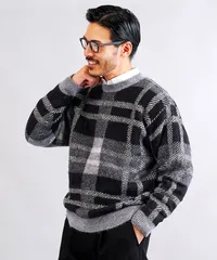 新品 未使用 JIGGYS SHOP(ジギーズショップ)モヘア調ジャカードチェックニットセーター 217809 ブラックのサムネイル