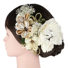髪飾り 成人式 つまみ細工 白 クリーム色 ゴールド 振袖 前撮り 袴 花 カスミソウ 白 緑 ちりめん 組紐 大きい 小さい2 点セッ No.9-5354