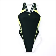 ●SE3G36☆arenaアリーナ競泳水着 Mサイズ* 黒蛍光イエロー 可愛らしいハート英字柄 オープンバック ぴたぴた レディース 練習用水着 フィットネスジムプール ワンピース■