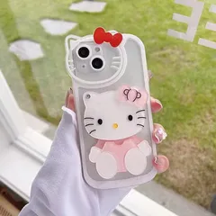 キティ iphoneケースかわいい　ミラー付　リボン赤タイプ iphone11/ iPhone12/ iPhone13/iPhone14/iPhone15ケース 韓国スマホケース