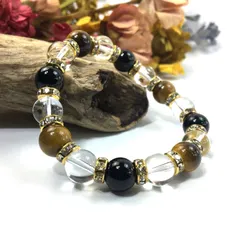 タイガーアイ×水晶×オニキス パワーストーン ブレスレット (ゴールド) 10mm メンズ・レディース　浄化済み △