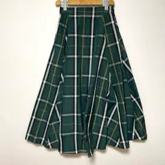 ??ダークグリーン チェック柄 フレアスカート 腰ゴム 軽量 薄手