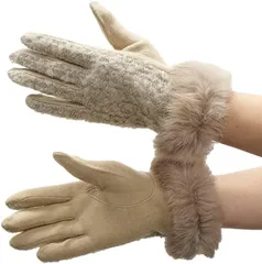 a.v.v(アーヴェヴェ) ふわふわ ループ ツイード ラビットファー付き レディース ウール 混 手袋 ギフトケース付 21-22cm M-L( ベージュ,  21-22cm（M-L）)