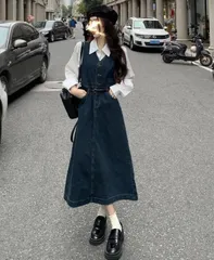 オシャレ　デニムジャンパースカート　Aラインワンピース　　ベルト付き