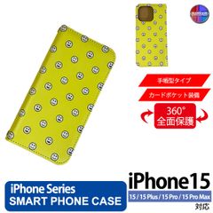 iPhone15 Plus Pro ProMax ケース 手帳型 アイフォン スマホカバー PVC レザー にこにこ イエロー