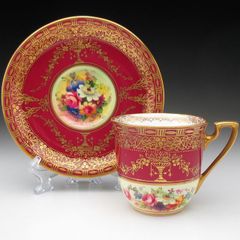 ロイヤルウースター ワインレッド地金彩花束絵 カップ＆ソーサー アンティーク 1929年 (f)