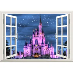 絵画風 壁紙ポスター (はがせるシール式) -窓の景色- ディズニーワールドの夜景 シンデレラ城 フロリダ 【窓仕様／トリックアート】 キャラクロ DNW-006MA2 (A2版 594mm×420mm) ＜日本製＞ ウォールステッカー お風呂ポスターのサムネイル