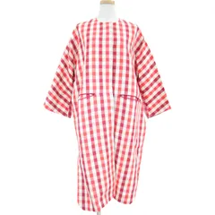美品 DRAWER ドゥロワー コート アウター レッド ホワイト 36(S) ロング ノーカラー グラデーション チェック コットン ヘンプ おしゃれ シンプル 着回し カジュアル ブランド 大人女子のサムネイル
