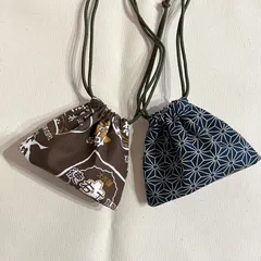 首から下げる巾着袋　〜おちょこ巾着〜　酒銘柄ブラウン　麻の葉柄ネイビー