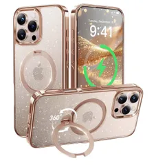 【極上の透明感・360°全方向スタンド】CASEKOO iPhone 16 Pro 用ケース ラメ仕上げ クリア 耐黄変 横縦両立 角度自在 MagSafe対応 米軍規格保護 耐衝撃 高耐久性 超強磁力 最大25W急速充電対応