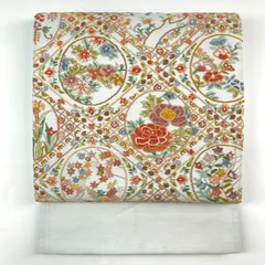 袋帯 相良刺繍 亀甲に花柄模様 金糸 白百合色 KO-952 袋帯 相良刺繍 亀甲に花柄模様 金糸 白百合色 KO-952