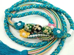 平和屋着物●和装小物　振袖用帯締め　飾り玉　つまみ細工　花　パール　シアン　金糸　撚り房　逸品　未使用　CAAW4066ju