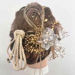 パールフラワー ヘッドドレス シンプル ディップアート アメリカンフラワー 成人式 結婚式 入学式 卒業式 ブライダル ウェディング ゴールド ベージュ フラワー 水引 かすみ草 ドライフラワー