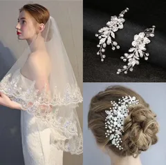 3点セット！ウェディングベール  2層ベール＆ヘッドドレス&イヤリング7/13