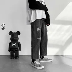 [S]メンズ ファッション 服 男性用 オシャレ シンプル 大人 かっこいい 大きいサイズ ストリート 紳士服 レトロ ブラック グレー リップドロー エッジ ジーンズ ストレート レッグ アメリカン ウォッシュ 加工 ダメージ カジュアル 九分丈 パンツ 