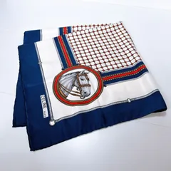 美品　セリーヌ　CELINE 大判　スカーフ　シルク　馬　ネイビー　レディース　管理番号KKVURA3361