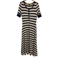 美品 22SS LAUREN RALPH LAUREN ローレンラルフローレン 半袖 ボーダーロングワンピース ネイビー XS オフホワイト レディース 古着 中古 USED