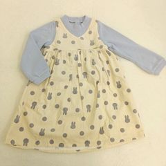 プティマイン　petit main　ワンピース　ミッフィー　ポケット付き　青色　紫　パステルカラー　アイボリー　ホワイト　うさぎ柄　ドット柄　水玉模様　長袖　秋ワンピース　春ワンピース　冬ワンピース　キッズワンピース　キッズカジュアル　110サイズ　良品