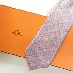 美品 エルメス HERMES ネクタイ シルク100% フランス製 ピンク チェーン柄 254-599