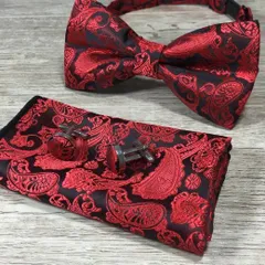 蝶ネクタイ　ポケットチーフ　カフスボタン　3点セット　 結婚式 発表会　卒業式　入学式　入社式　パーティー イベント ダンスパーティー バーテンダー ビジネス ブラック レッド ペイズリー柄　ワンタッチ　スーツ ワイシャツ 格安 メンズネクタイ チーフ カフス
