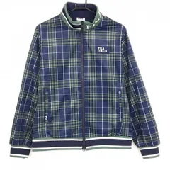 【美品】フィラゴルフ ジャケットブルゾン ネイビー×グリーン チェック 胸元ロゴワッペン  レディース 3L ゴルフウェア FILA GOLF