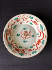 中国骨董　赤絵中皿　龍文様　2枚組　t31802