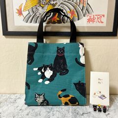 お手軽猫柄ミニトートバッグ 青緑 ハンドメイド 手さげ