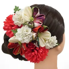 髪飾り 成人式 つまみ細工 赤 振袖 前撮り 袴 浴衣 夏祭り 花火大会 2点セット 白 房つき かんざし 和柄 ちりめん 古典 レトロ No.9-3948