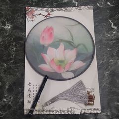 華流 中国風 布うちわ タッセル付き ピンク 蓮