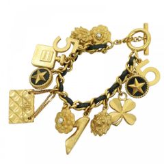 シャネル ブレスレット レディース チェーン マルチチャーム アイコン ロゴ ヴィンテージ アクセサリー CHANEL GP  レザー   95P ゴールド ブラック 黒 約103.2g【中古品】