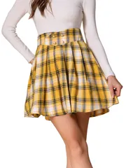 Allegra K ミニスカート ビンテージ チェック柄スカート ダブルブレスト Aライン プリーツ レディース イエローブルー L