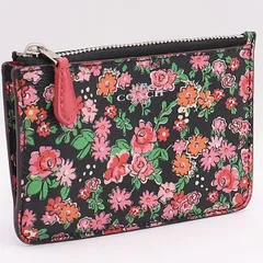 良品 コーチ クラスタフローラルキーポーチ コインケース カードケース キーリング付 黒×花柄マルチカラー KYM