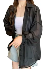 [ネコート] シアーシャツ レディース 長袖 透け感 襟付き 春夏秋 トップス ゆったり シアートップス カジュアル UVカット フリーサイズ ブラック [ブラック] [Free Size]