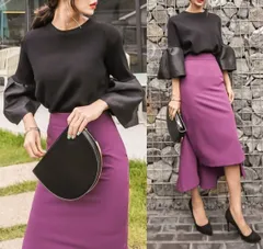 トップス カットソー ブラウス 重ね着風 七分丈 レディース ニット  Tシャツ おしゃれ オシャレ ラウンドネック 丸首  柔らかい シンプル 無地 ブラック