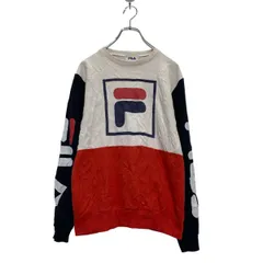 FILA プリントスウェット トレーナー S ホワイト ネイビー レッド フィラ 裏パイル 袖ロゴ 古着卸 アメリカ仕入 a607-5365