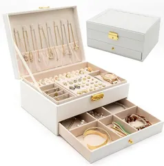 MNOA. アクセサリー ジュエリー ケース ボックス 2段式 ジュエリー収納 宝石箱 指輪ボックス アクセサリートレー ネックレス イヤリング 小物入れ 鍵付き 持ち運び 携帯 贈り物 プレゼント かわいい おしゃれ(ホワイト)