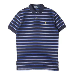 POLO Ralph Lauren ポロ ラルフローレン ポロシャツ サイズ:M 90s - 00s ワンポイント 鹿の子 ボーダー 半袖ポロシャツ オールド ネイビー ブルー トップス ヴィンテージ 古着【メンズ】