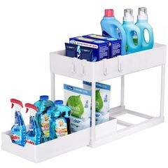 【人気商品】ホワイト フック4個付き 省スペース 組立簡単 小物整理 調味料 収納ラック バスルーム 洗面所 台所 引き出し スライドラック 収納 収納 洗面台下 キッチン収納 2段 スライド式 シンク下 TATIU