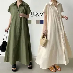 シャツワンピース 夏 レディース 半袖 リネン ワンピース ゆったり Vネック ロング丈 大人 シンプルワンピース Aライン 体型カバー skwhyr0