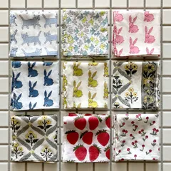 インド ブロックプリント バンダナ ハンカチ52cm  1枚　花 うさぎ 猫 鳥 バード  お弁当包み