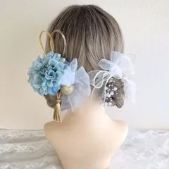 髪飾り ヘッドドレス＊結婚式 成人式 卒業式 和装 打掛 振袖 袴~アーティフィシャルダリア リボン チュール パールシャワー タッセル~ブルー 青 水色 13本