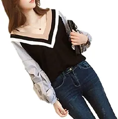 1/2style ニブンノイチスタイル きれいめ 綺麗め フワフワ ニット セーター オフ ショルダー サックス バイカラー ボリューム シャツ レディース 女性 長袖 ストライプ カッコいい tシャツ スリム 系 黒( ブラック,  XL)