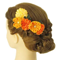 髪飾り 成人式 つまみ細工 振袖 前撮り 袴 浴衣 夏祭り 花火大会 豪華3点セット オレンジ 橙色 ちりめん ヘアアクセ かんざし No.9-3690