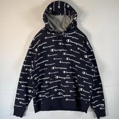 古着 チャンピオン Champion パーカー プルオーバー 大きいサイズ ワッペン スウェット フーディ XL  ネイビー 総柄 メンズ