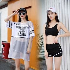 【韓国水着】スポーティー　セパレート　3点セット　水着　ズボン　ブラック　ホワイト　体系カバー