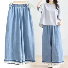 ガウチョパンツ レディース デニム ワイドパンツ 裾レース フリル ウエストゴム 綿100% ゆったり TRUBE