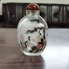 送料無料　手書き山水図　色被ガラス　内画鼻煙壺 時代物 本物保証 中国美術品 鼻煙壺 内画 山水画 陳東順作 ガラス工芸品 共箱付き